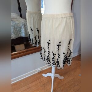 Cream A-Line Skirt with Black Floral Appliqué